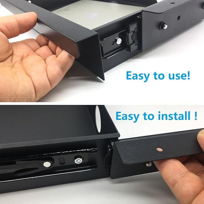 Under Desk Mounted Sliding Pull-out Drawer for Office Desk or Table - Storage Organizer for Sit Stand Workstation- W 9.8" x D 9.8" x 2.5", Metal, Black (Small)