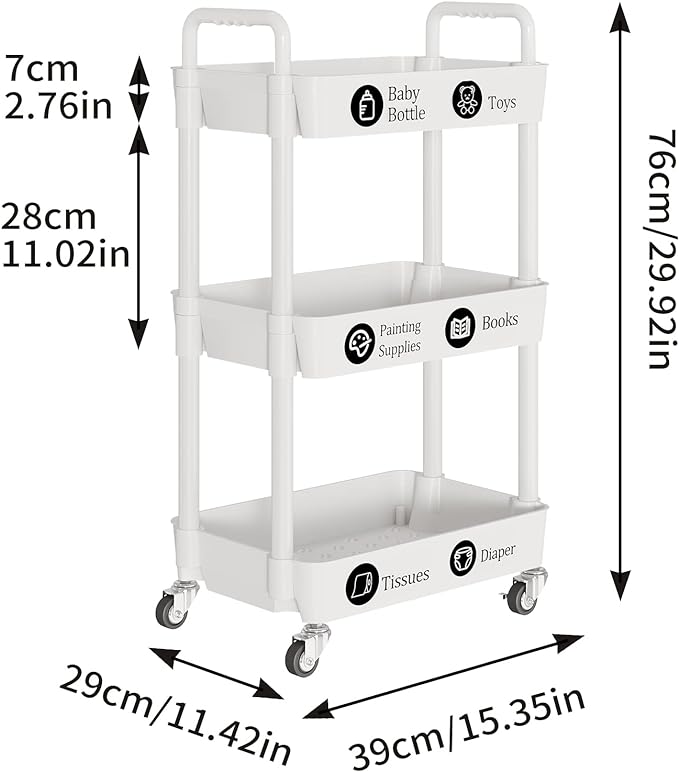 Laiensia 3-Tier Rolling Cart with Wheels,Multifunction Utility Storage Carts, Kitchen Storage Organizer,Mobile Shelving Unit for Bathroom,Laundry,with Classified Stickers,White