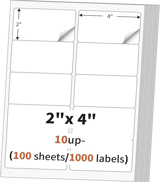 2"x 4" (100 Sheets) Address Labels, Labels Sticker Paper for Laser/Ink Jet Printer, Printable and Writable White Sticker Labels- Matte, 10 per Page Labels (Total 1000 Labels)