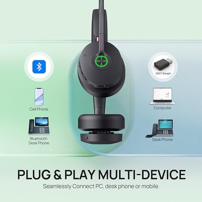 Yealink WH68 Hybrid with Charging Stand ANC Headsets, 492ft Rang DECT&Bluetooth Wireless Headset, Stereo Active Noise Cancellation (Teams,Zoom,UC) Headphones with 6X Mic,32H Call, Work for PC,Phone