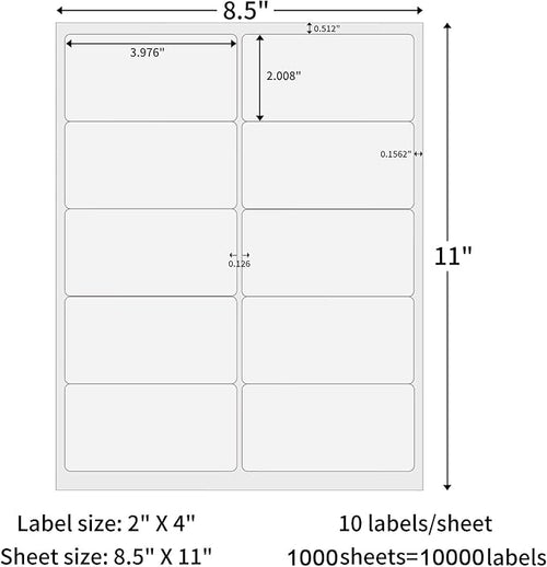 2" x 4" Shipping Labels,10 UP Address Labels,2x4 Label Sticker Paper for Laser/Inkjet Printer,Permanent Adhesive Mailing Label(1000 Sheets)