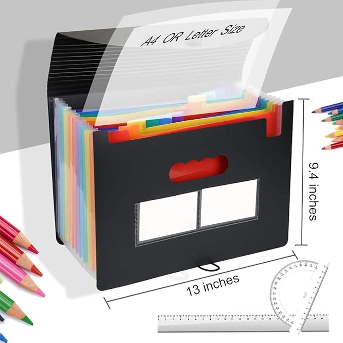 Accordian File Organizer,13 Pockets Expanding File Folder with Expandable Cover,Portable Filing Box,Desktop Accordion Folders,Plastic Colored Paper Document Paperwork Receipt Organizer(A4/Letter Size)