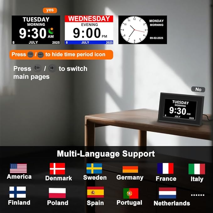 Digital Alarm Clock for Seniors - No-Abbreviation Date HD Display Auto Dimming Photo FrameWhite Noise DST Adjustment, Ideal Gift for Elders (7inch Black)
