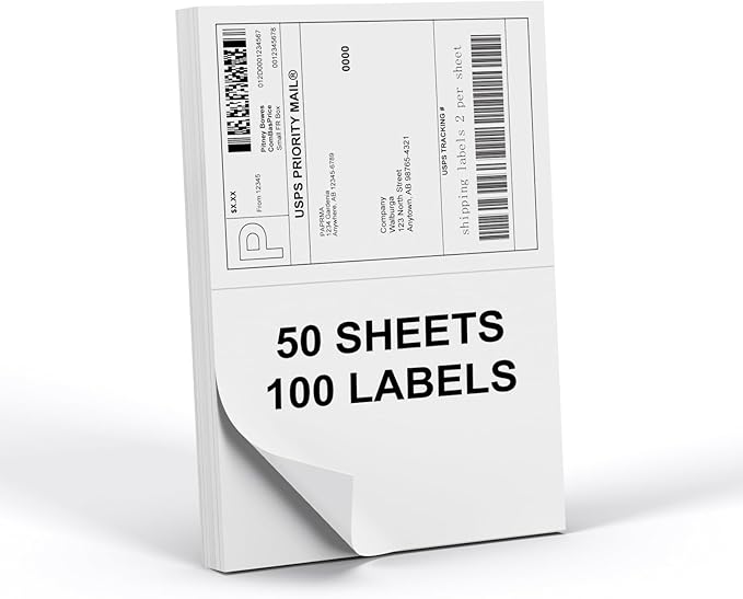 PAPRMA Half Sheet 8.5x5.5inch Shipping Mailing Label 100 Counts, 2 Labels Per Sheet 8.5 x 11 for Laser & Inkjet Printer, Permanent Adhesive Label Square Corner (50 Sheets)