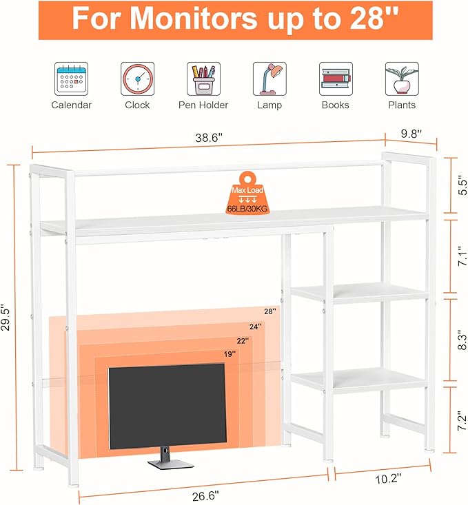 Snughome Desk Shelf, 38.6" Desktop Organizer Shelf, Desk Hutch for Computer Monitor, 4 Tier Desk Display Rack, Wood Desktop Bookshelf Storage Rack for Home Office Dorm, White