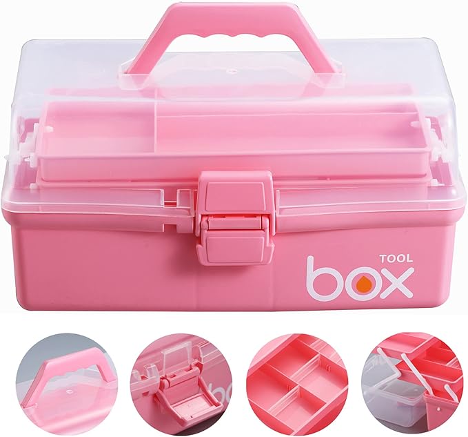 2PCS 12'' Three-Layer Clear Plastic Storage Box/Tool Box, Multipurpose Organizer and Portable Handled Storage Case for Art Craft and Cosmetic (Pink)