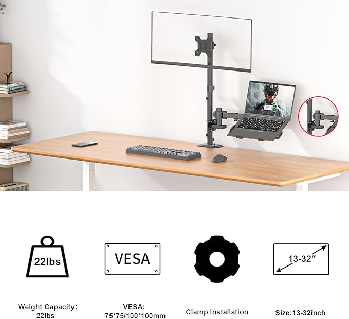 No Drill Monitor Arm Wall Mount - Clamp-on Adjustable Desk Mount for Round & Square Tubes, VESA Compatible Computer Screen Mounting Bracket for Office, Study, Hospital, Bedroom