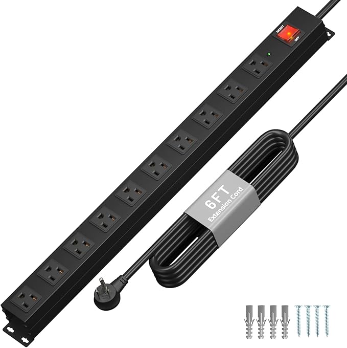 KF 10 Outlet Heavy Duty Power Strip, 2100J Surge Protector with 6FT Extension Cord, 15A/1875W Wall Mount Power Strip Design,Safety Switch,Overload Protection for Home Office Workshop - Black