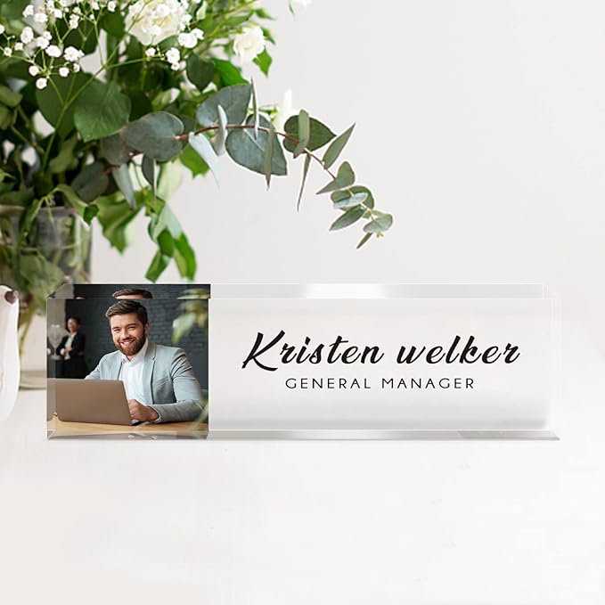 Desk Name Plate Personalized, Custom Name Plates for Desks, Office Desk Decor, Clear Acrylic Glass Block with Photo, Personalized Office Gifts for Women Men Coworkers Boss Teachers, Appreciation Gifts