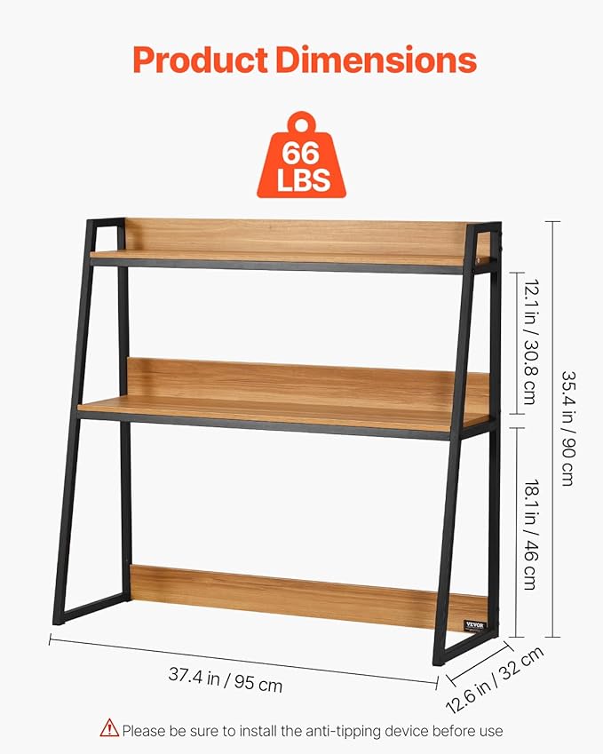 VEVOR 2-Tier Desktop Storage Organizer, 37.4" x 12.6" x 35.4" Office Storage Rack, Wood Color Display Shelf, Desktop Bookshelf Hutch with Anti-Slip Feet Pads, for Office, Home & Dorm