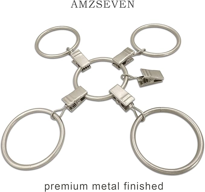 AMZSEVEN 40 Pack Metal Curtain Rings with Clips, Drapery Clips Hooks, Decorative Curtain Rod Clips 1.5 in Interior Diameter, Matte Silver