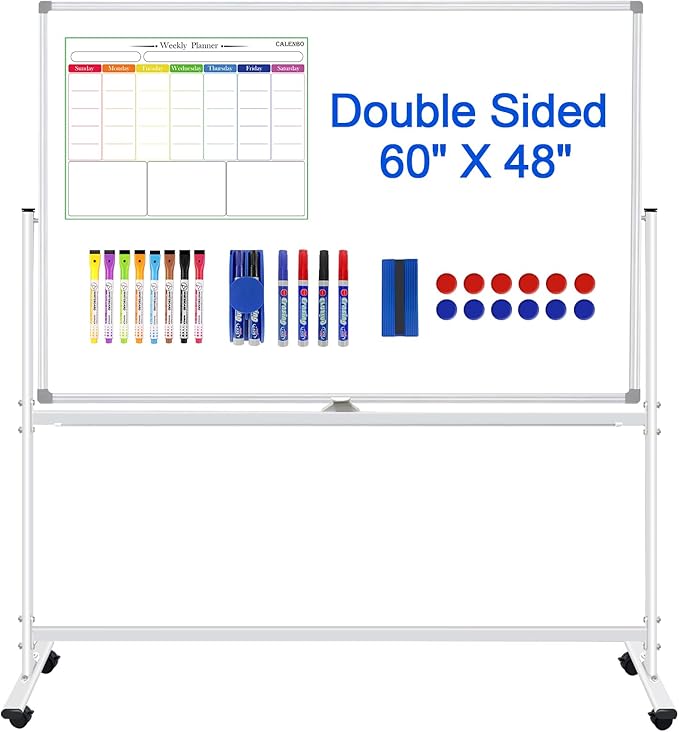 Large Rolling White Boards on Wheels 60 X 48 Magnetic Dry Erase Board with Stand, Double-Sided Mobile Whiteboard with Stands, 5' x 4' White Board with Eraser & Marker & Magnet & Calendar
