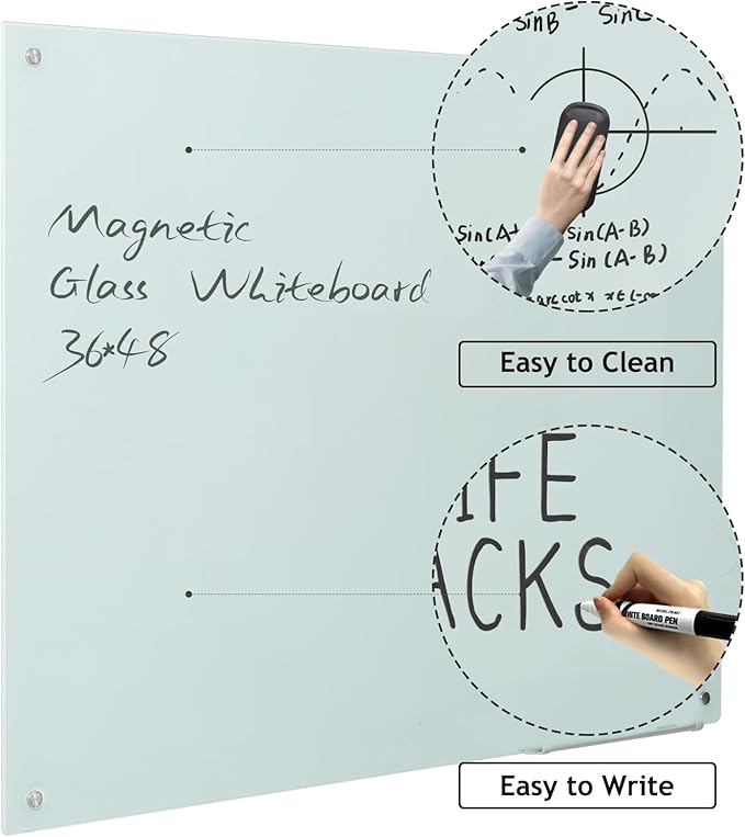 Glass Whiteboard Magnetic Dry Erase Board - Frameless Glass White Board 36 x 24 Inches, Wall Mounted, Office, Home & School