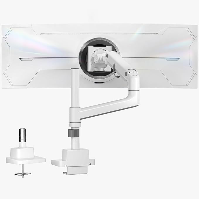 monTEK 17-57 Inch Ultrawide Monitor Arm for Up to 59.4lbs Screens, Aluminum Heavy-Duty Gas Spring Single Curved Screen Adjustable Monitor Stand,75/100mm Vesa Mount, White