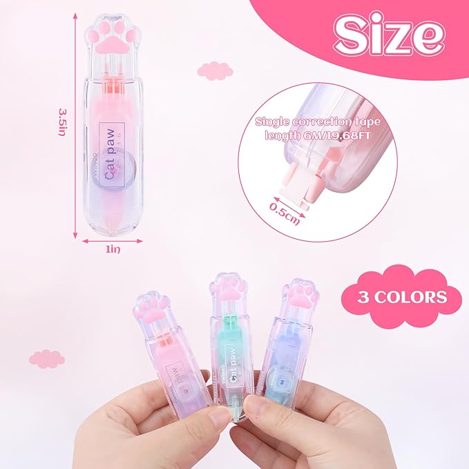 Kogcmeetl 3 Pack White Out Correction Tape, Cute Retractable Correction Tape, Kawaii Cat Paw White Out Tape for Cat Lovers Students and School Office Supplies