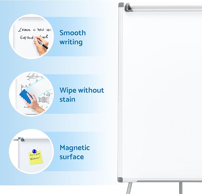 MAKELLO Flip Chart Easel, Magnetic Dry Erase Board with Stand for Office Classroom Home School, Extended Display Arms and Adjustable Height, 36x24 in