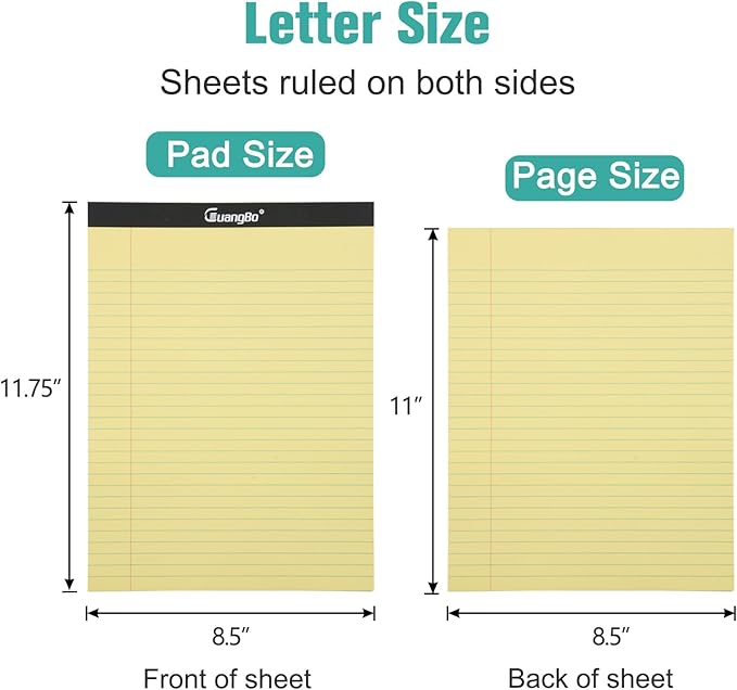 GUANGBO 12 Pack Yellow Legal Pads 8.5 x 11 College Ruled Note Pad 50 Sheets Notepads Micro Perforated Writing Pad for Work Study Daily Note Taking List