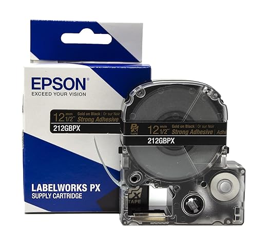 Epson LABELWORKS 212GBPX Genuine PET (Polyester) Tape Cartridge - Gold on Black Label Maker Tape - 1/2" (12MM) Wide, 30'