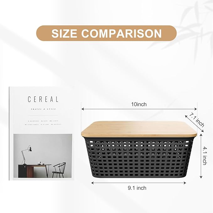 Plastic Storage Bins with Bamboo Lid - Pantry Storage Baskets with Lid - Stackable Container with Lable for Organizing: Small Storage Box for Shelves Office Cabinet Drawer Closet 9x7x4 In - Black 6Pcs