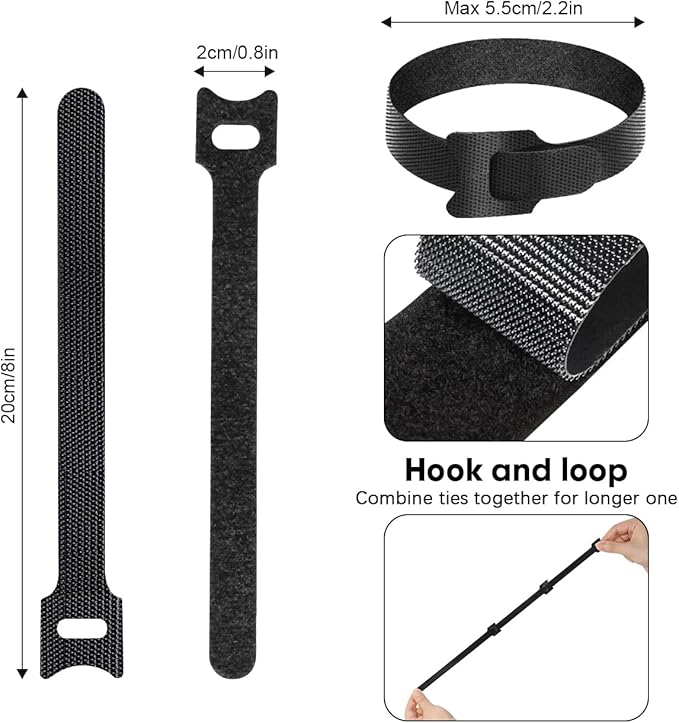 100 PCS 8 Inch Reusable Cable Ties, Adjustable Cable Management Wire Straps with Hook and Loop, Multi-purpose for Home, Office and Data Centers Organizer by QINGLER