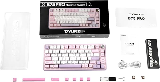 YUNZII B75 PRO Wireless Mechanical Keyboard,75% Layout with Knob,Hot Swap Gasket Custom Structure,Creamy Pre-lubed Switches,RGB Backlit,Bluetooth/Type-C/2.4G for Win/Mac(Milk Switch,Purple)