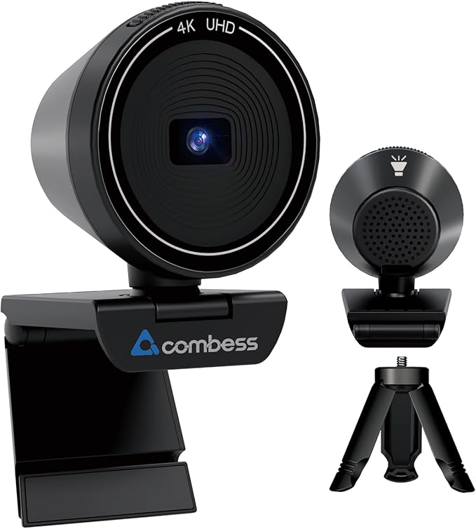 Combess 4K Webcam with Speaker & Microphone - 85° Wide Angle Web Camera for PC/Desktop, Auto Focus, Dual Noise Cancelling Mics, Privacy Cover, USB Plug-and-Play