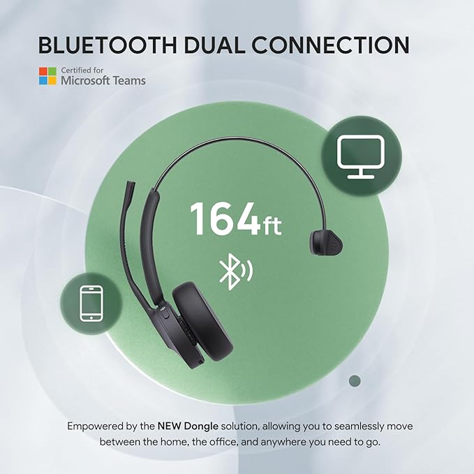 Yealink BH70 Mono Wireless Bluetooth Headset with Microphone for Work, up to 35h Talking Battery Life, 3-Mic Noise Cancellation, 91g Lightweight Microsoft Teams Certified Work Headsets for PC