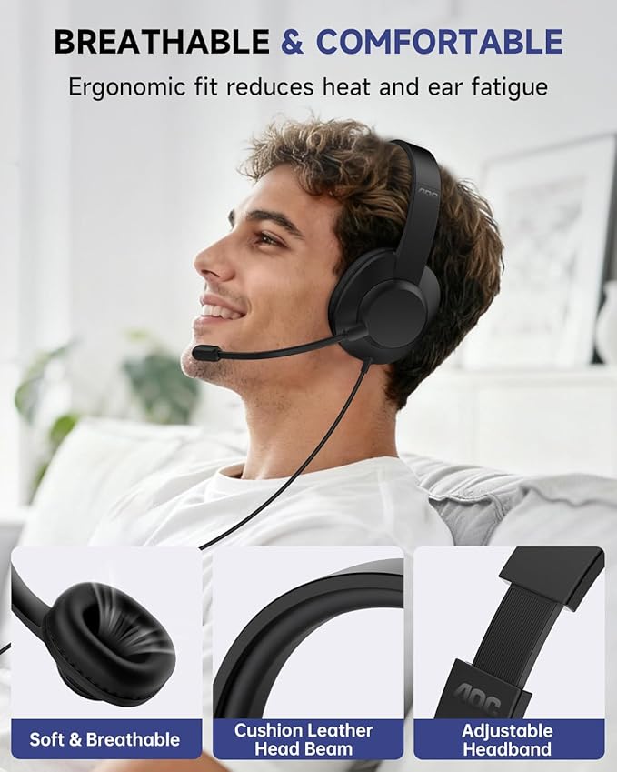 AOC USB Headset with Microphone for PC, Over-Ear Wired Headphones with Mic, Noise-Cancelling Boom, 40mm Audio Drivers, USB-A/C Compatibility for Office, Call Centers & Online Meetings (Black)