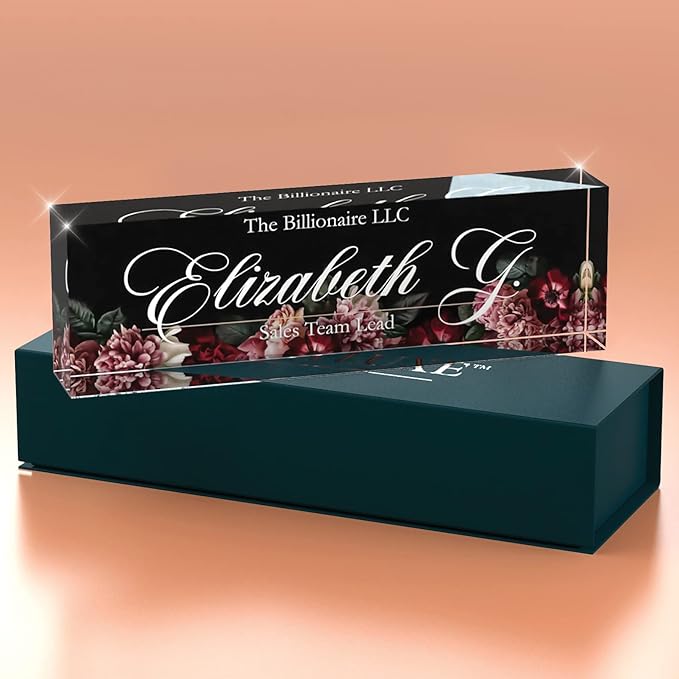 Desk Name Plate Personalized, Custom Name Plates, 2½/x8 Inches, Thick Crystal-Clear Acrylic, Gift Box, Office Desk Decor. USA Made by ACRYLUXE (Florist)