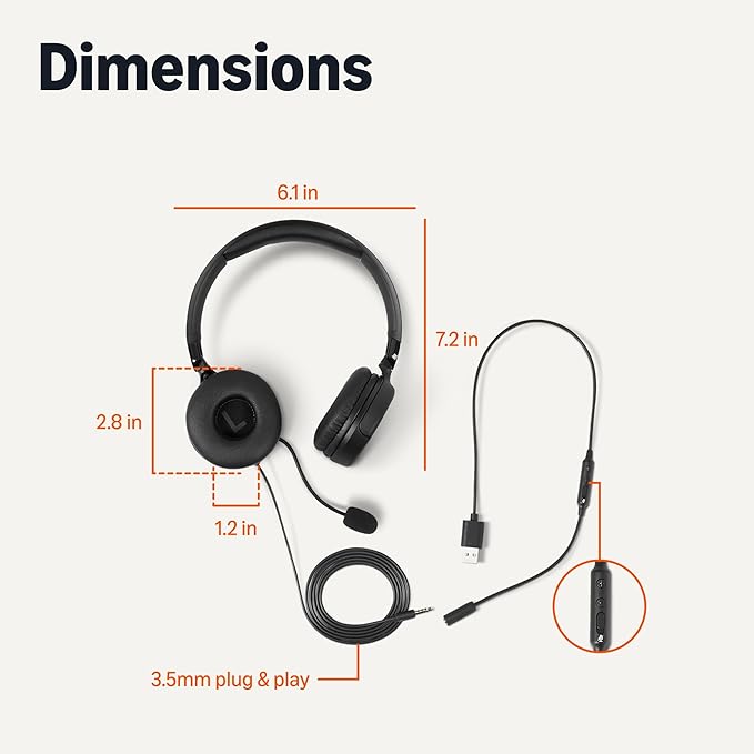 Amazon Basics On Ear Wired Computer Headset with Adjustable Microphone, 3.5mm Port or in Line Control with USB-A Port, Foldable, Small/Medium Size, Black
