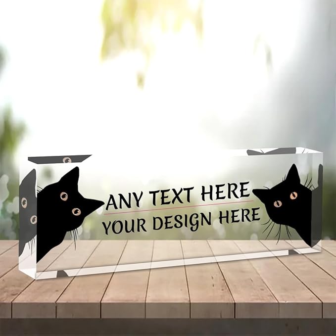 Agriism Name Plate for Desk Personalized Custom Desk Name Plate Clear Acrylic Glass Customized Desk Nameplate Name Plaque Sign Home Office Desk Decor,8""x2.5""x0.5"",Cool Cat