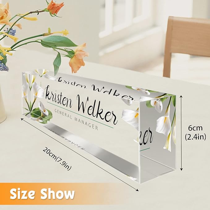 Desk Name Plate Personalized, Premium White Calla Lily Acrylic Desk Name Plate, Personalized Name Plate for Desk, Office Decor for Women or Men Coworkers, Boss, Employee, Teacher