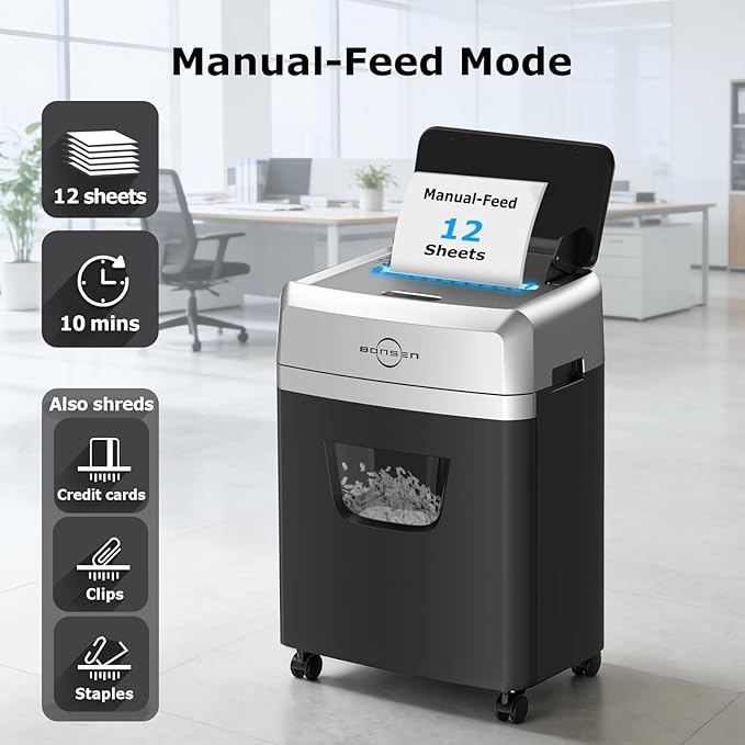 BONSEN 150-Sheet Autofeed Paper Shredder Heavy Duty, 60 Mins Micro-Cut Shredder for Office, 6 Gal Large Capacity Bin P-4 High Security Commercial Document Shredders for Home Office (S3114 New Version)
