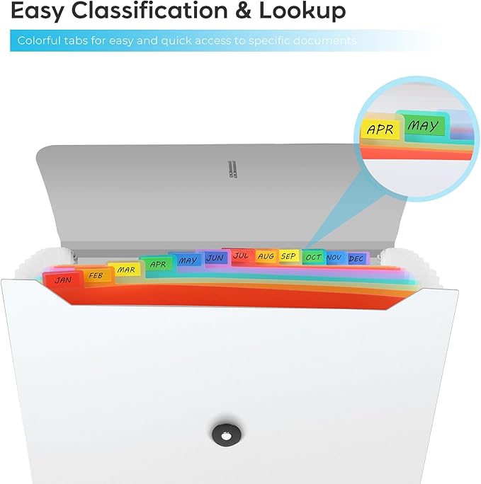 Accordion File Organizer, Expanding File Folder for Sorting Documents and Papers, 13 Pockets Receipt Organizer for Home, Travel and Office Use (White)