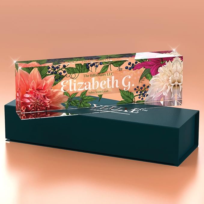 Desk Name Plate Personalized, Custom Name Plates 2½/x8 Inches, Thick Crystal-Clear Acrylic, Gift Box, Office Desk Decor. USA Made by ACRYLUXE (Haute)