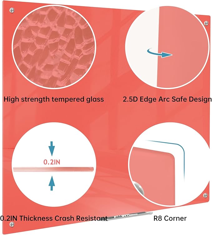 Magnetic Glass Dry Erase Board - White Board 48 x 36 Inch Wall Mounted Glass Whiteboard, Large Frameless Glass White Board for Wall Office, Home & School, Red