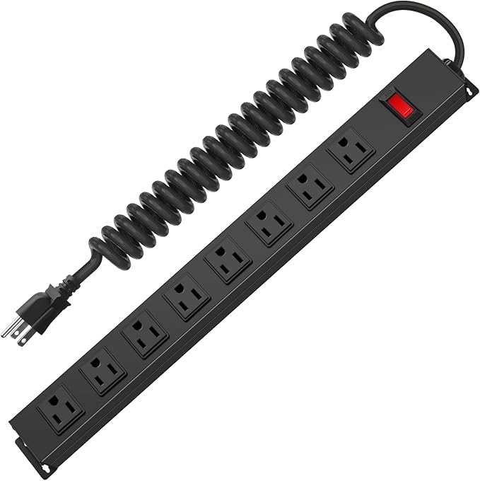 HHSOET 8 Outlet Metal Wall Mount Power Strip, Surge Protector Long Power Strip with Switch, Heavy Duty Wide Spaced Surge Protector, 6 FT SJT 14AWG Black Spring Cord.