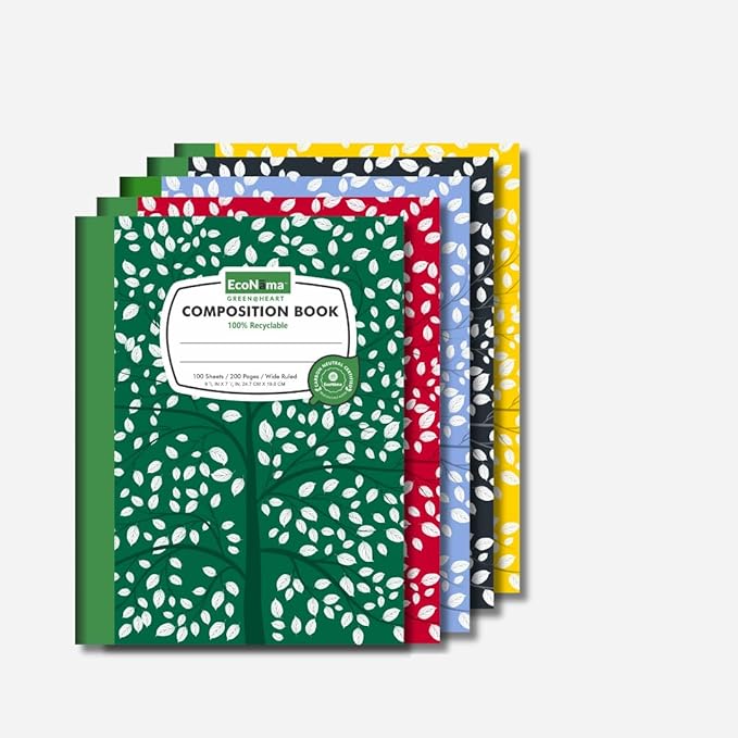 EcoNama Composition Notebooks Pack of 5 Wide Ruled 200 Pages (100 Sheets) 9.75"x7.5" Carbon Neutral Recyclable Paper Eco-Friendly School & Office Supplies For Students and Professionals Assorted Color