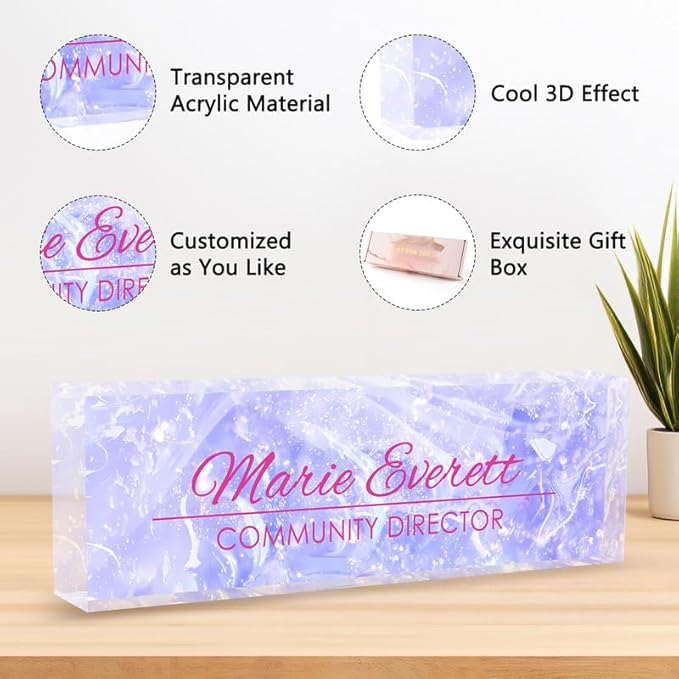 Desk Name Plate Personalized Name Plate for Desk, Office Desk Decor, 3D Style Personalized Plaque Name Plates for Desks Custom Appreciation Gifts for Boss Lady Employee Coworkers (Amethyst)