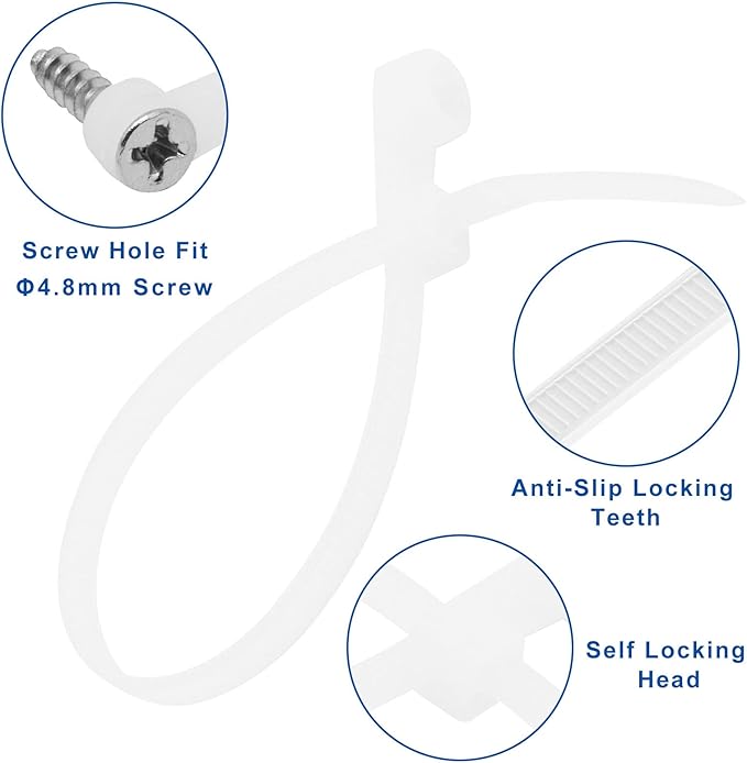 Zip Ties with Screw Hole 150 Pcs, 6 inch 48lbs Electrical Cable Ties Straps, Mount Head Plastic Ties Multipurpose Heavy Duty Nylon Zip Tie for Indoor & Outdoor (6", White)