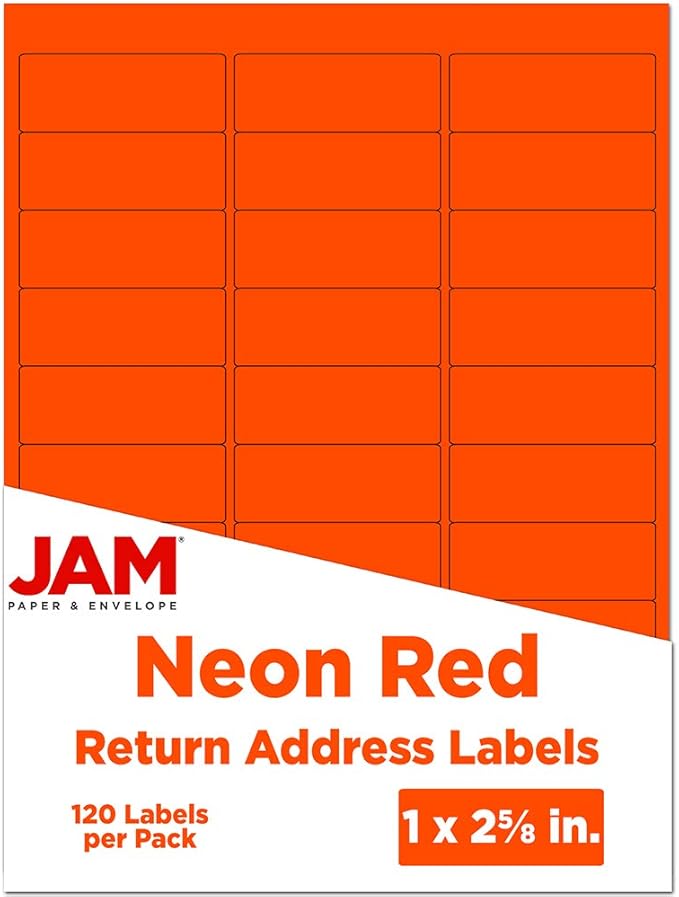 JAM PAPER Return Address Labels - Standard Mailing - 1 x 2 5/8 - Neon Deep Red/Orange - 120 Shipping Labels/Pack