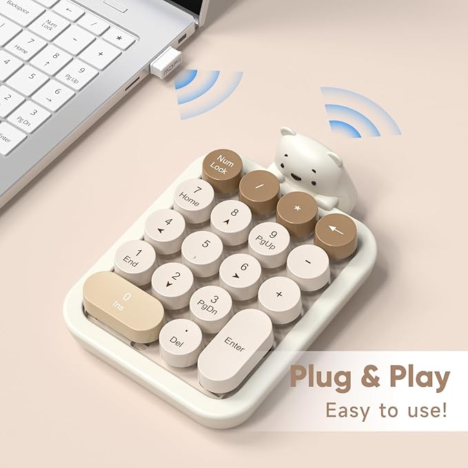 MOFII Wireless Number Pad with Bear - Mixed Milktea Numeric Keypad 18 Keys 2.4G Round Keycap Colorful Extensions Cute Numpad, Portable Accounting Financial Retro Numpad 10 Key for Laptop/PC/Notebook
