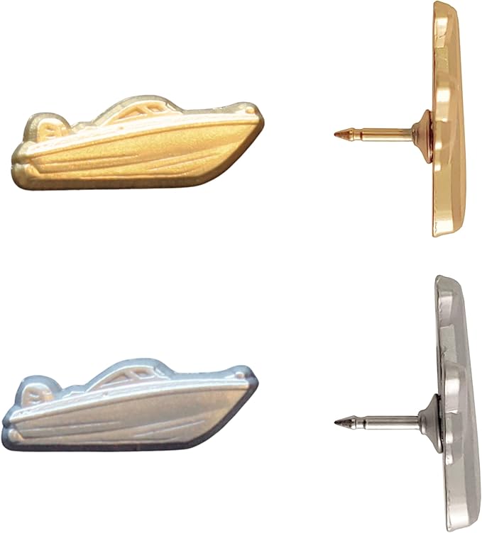Motor Boat Push Pins - Gold Speedboat Map Pins for Cork Boards, Maps, or Lapel Use - Designed in USA - Set of 20