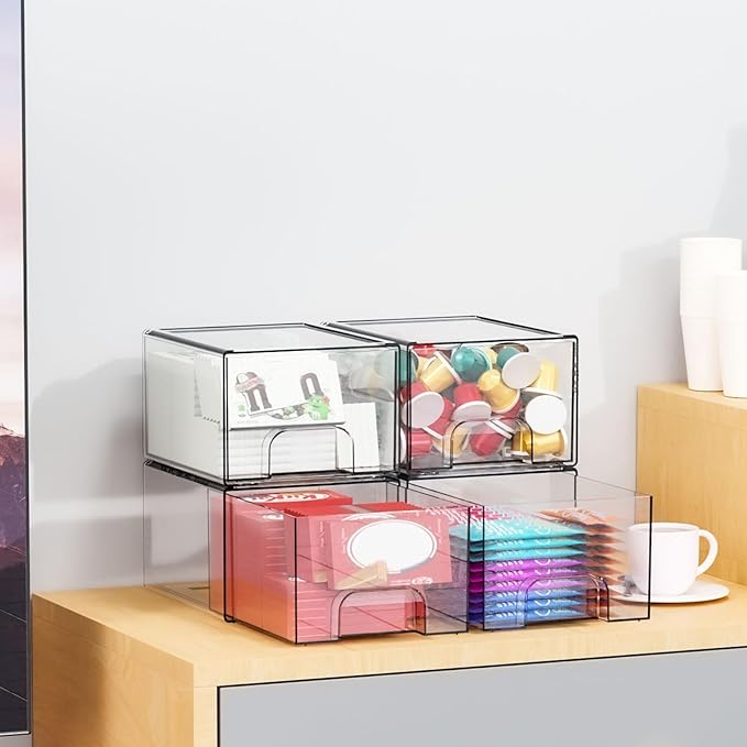 4.4" Tall Small Clear Acrylic Stackable Storage Drawers for Vanity,Under Sink,Bathroom Closet,Medicine Cabinet Organization and Plastic Storage Bins for Organizing Makeup,Baby Bottles,Pacifier,4 PCS