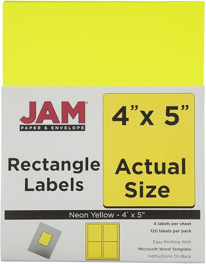 JAM PAPER Shipping Address Labels - 4 x 5 - Quarter Page/Extra Large - Neon Yellow - 120/Pack