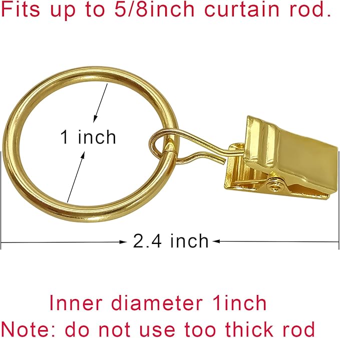 LLPJS 100 Pack Curtain Rings with Clips, Curtain Clip Rings Hooks, Bow Hanger Clips for Hanging Drapery Drapes Bows, Ring 1 inch Interior Diameter, Fits up to 5/8" Rod, Gold