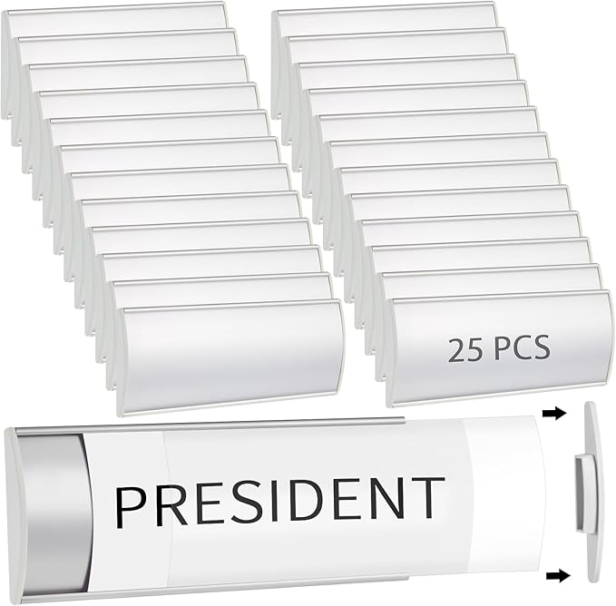 Therwen 25 Pcs Aluminum Office Name Plate Holder for Door Wall Mount 8'' x 3'' Business Sign Holder Office Door Sign Sturdy Curved with Plastic Film and Adhesive Tape (Silver)