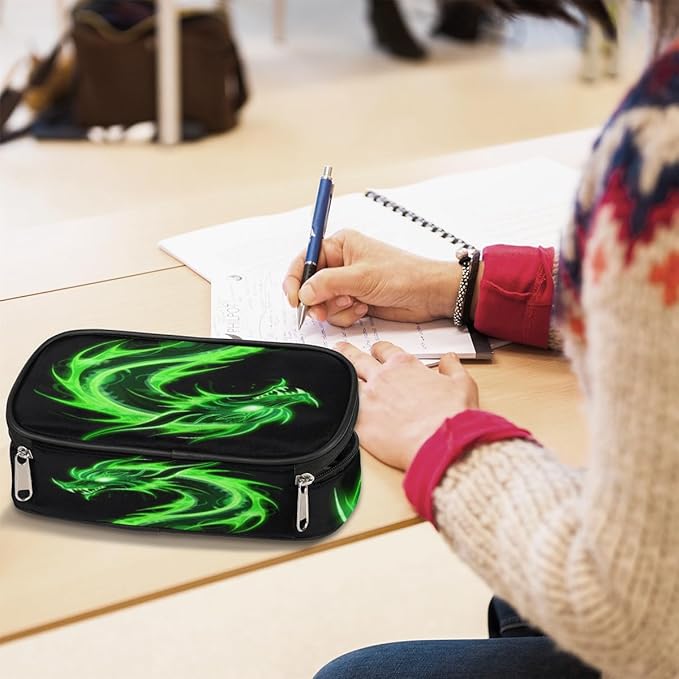 Pardick Pencil Case for Girls Boys Green Dragon Pencil Pouch Kids Teen Pencil Bags with Zipper PU Leather Pencil Organizer School Pencil Box Marker Case Organizer