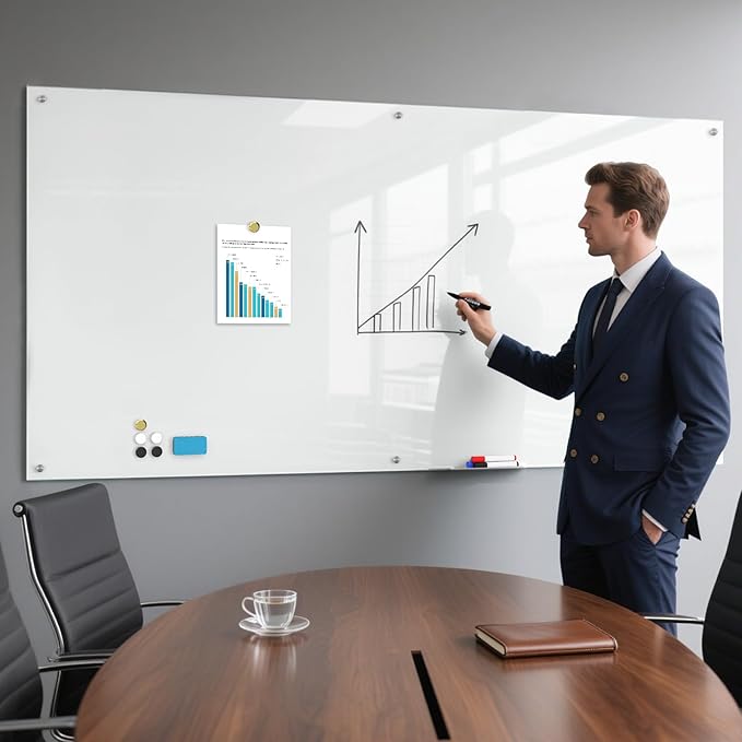 0.3mm Reinforced Metal Backing Glass White Board for Wall, 96" x 48" Extra Large Magnetic Pure White Tempered Glass Board with Frameless Design, 8' x 4' Dry Erase Board for Home, Office