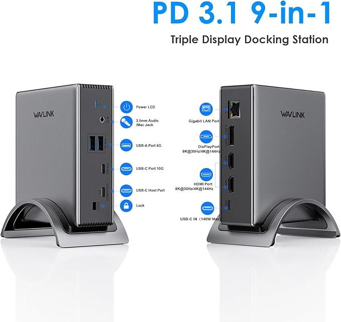 Laptop Docking Station,WAVLINK PD3.1 Docking Station 3 Monitors with 4K@144Hz,2*HDMI + DP,140W PD Charge,USB-C 10Gb,USB-A 5Gb,Gigabit Ethernet,Audio/Mic for HP, Dell,Windows System Computer